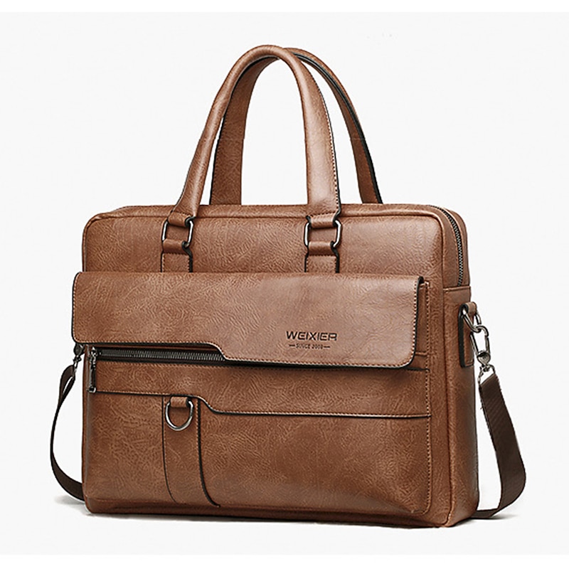 Men's Briefcase Laptop Bag PU Leather Office Daily Zipper Tiered Anti-Dust Solid Color Dark Brown Black Brown4