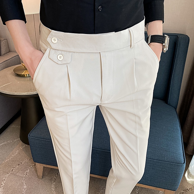 Men's Graduation Dress Pants Trousers Pleated Pants Cuffed Dress Pants Pocket Expandable Waist Plain Comfort Breathable Wedding Business Casual Fashion Simple Black Green Micro-elastic3