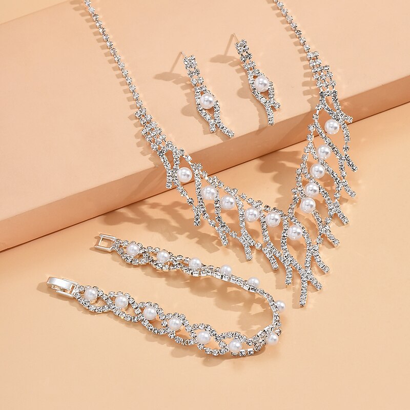Bridal Jewelry Sets 1 set Imitation Pearl Imitation Diamond 1 Necklace 1 Bracelet Earrings Women's Elegant European Tassel Fringe Jewelry Set For Wedding Anniversary Party Evening3