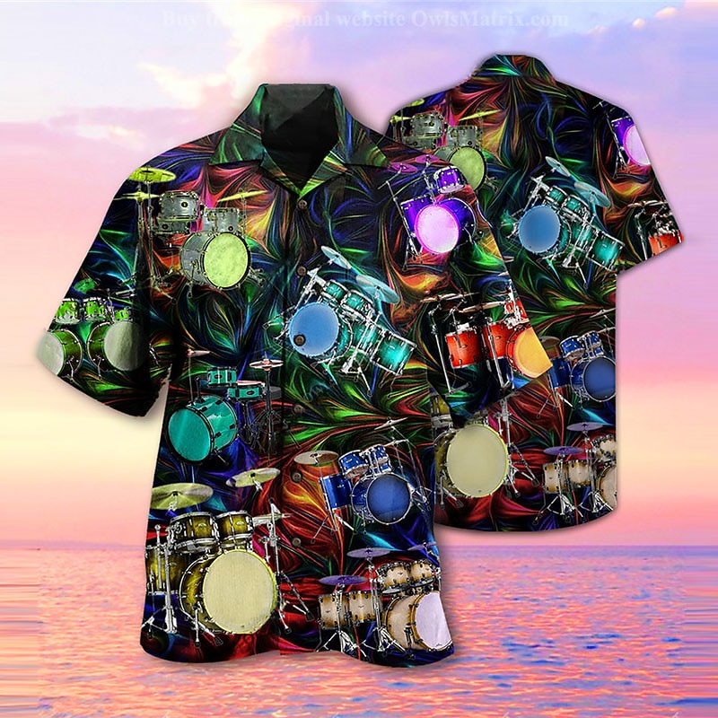 Men's Drum Shirt Summer Hawaiian Shirt Button Up Shirt Short Sleeve Tropical Fashion Hawaiian Casual Hawaiian Holiday Summer Spring Turndown Print Button-Down Black Purple Green2