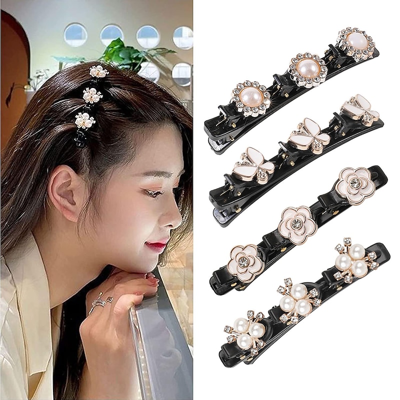 parkling Crystal Stone Braided Hair Clips with 3 Small Clips Pearl shaped hairpin duckbill clipBraided Hair Clip with Rhinestones for Women/Girls