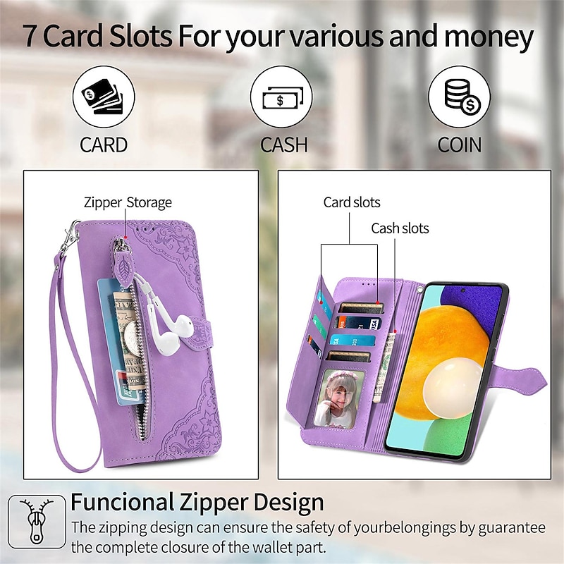 Phone Case For Samsung Galaxy S25 S23 S22 S21 FE S21 Ultra Plus A34 A54 A33 A13 S20 Wallet Case Flip Zipper with Wrist Strap Solid Colored PU Leather4