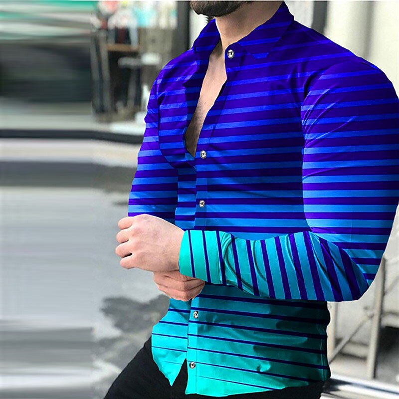 Men's Striped Geometry Flame Shirt Button Up Shirt Long Sleeve Fashion Designer Casual Outdoor Daily Fall & Winter Turndown Print Button-Down Royal Blue Blue Sky Blue Dark Blue3