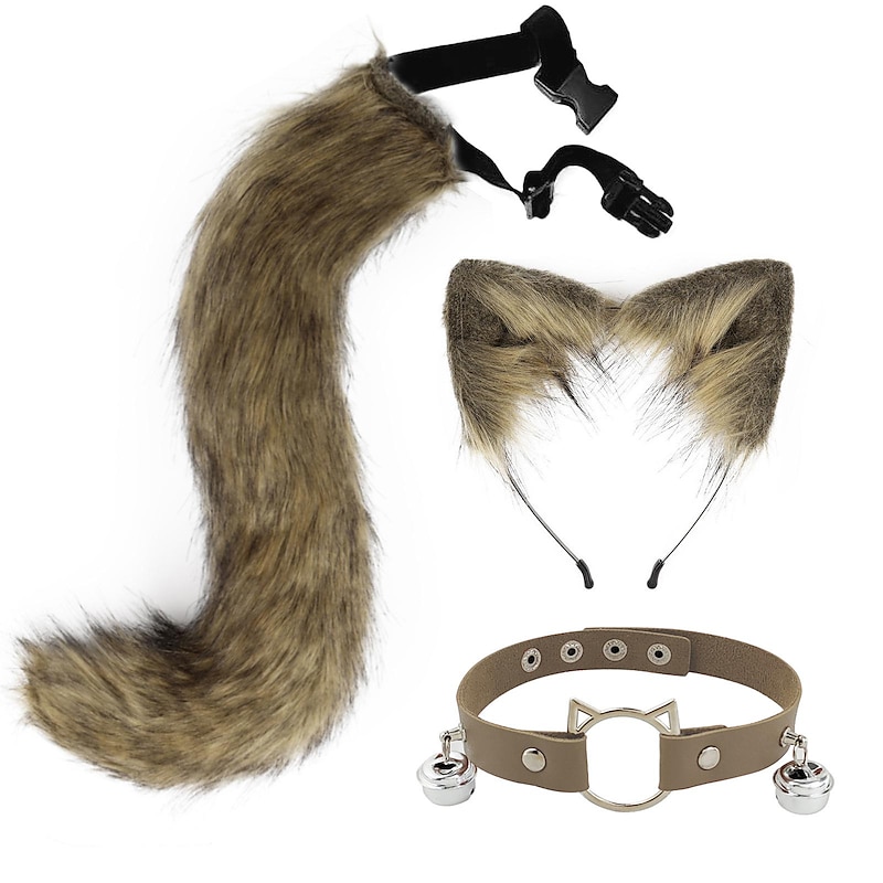 Cat Ears and Wolf Fox Animal Tail Cosplay Costume Faux Fur Hair Clip Headdress Carnival Leather Neck Chocker Set3
