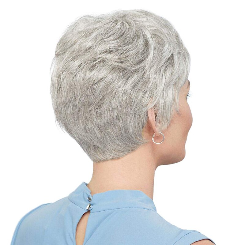 Short Grey Wigs for White Women Mixed Gray Silver Curly Wavy Wigs with White Bangs Grandma Synthetic Short Hair Wigs2