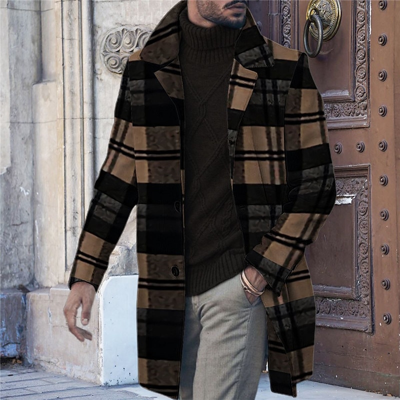 Men's Plaid Graphic Prints Winter Coat Overcoat Coat Warm Comfortable Breathable Fashion Streetwear Business Work Wear to work Going out Pocket Print Fall & Winter Turndown Long Sleeve Yellow Blue