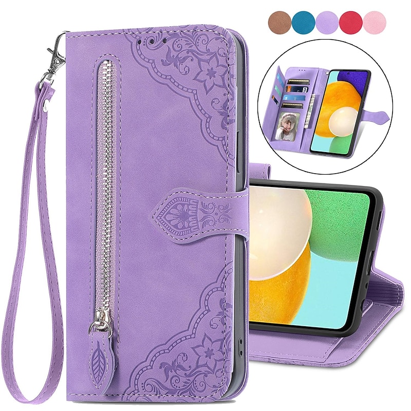Phone Case For Samsung Galaxy S25 S23 S22 S21 FE S21 Ultra Plus A34 A54 A33 A13 S20 Wallet Case Flip Zipper with Wrist Strap Solid Colored PU Leather