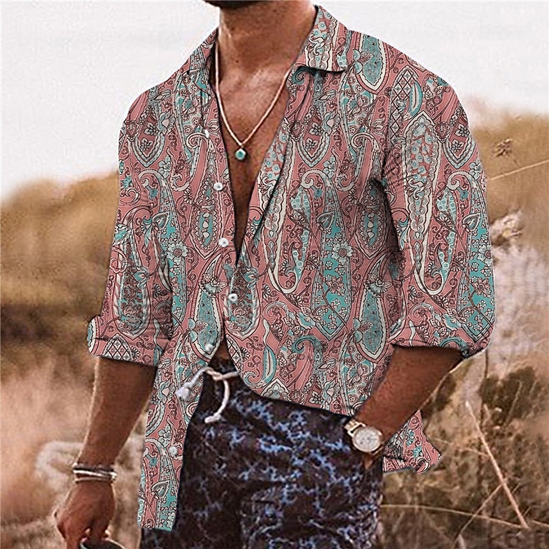 Men's Floral Shirt Boho Shirt Long Sleeve Tropical Sports Streetwear Outdoor Casual Daily Fall & Winter Turndown Print Button-Down Black Pink Navy Blue Blue Purple