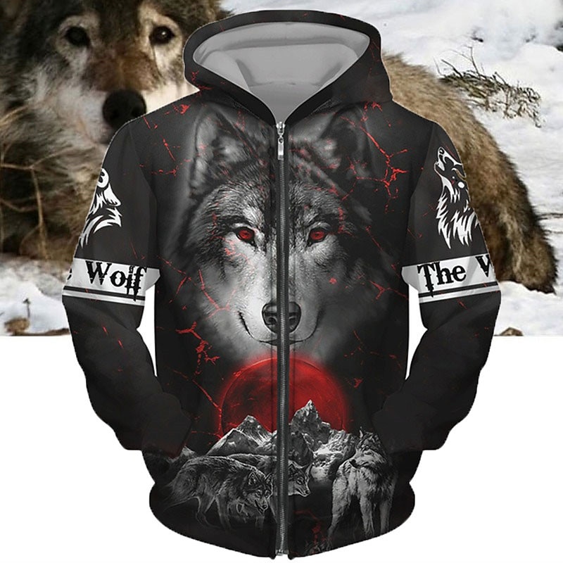 Men's Animal Wolf Graphic Prints Hoodie Hoodies Sweatshirt Streetwear Designer Long Sleeve Hooded Sports & Outdoor Daily Sports Black Brown Zipper Print Spring &  Fall Designer - Main Image