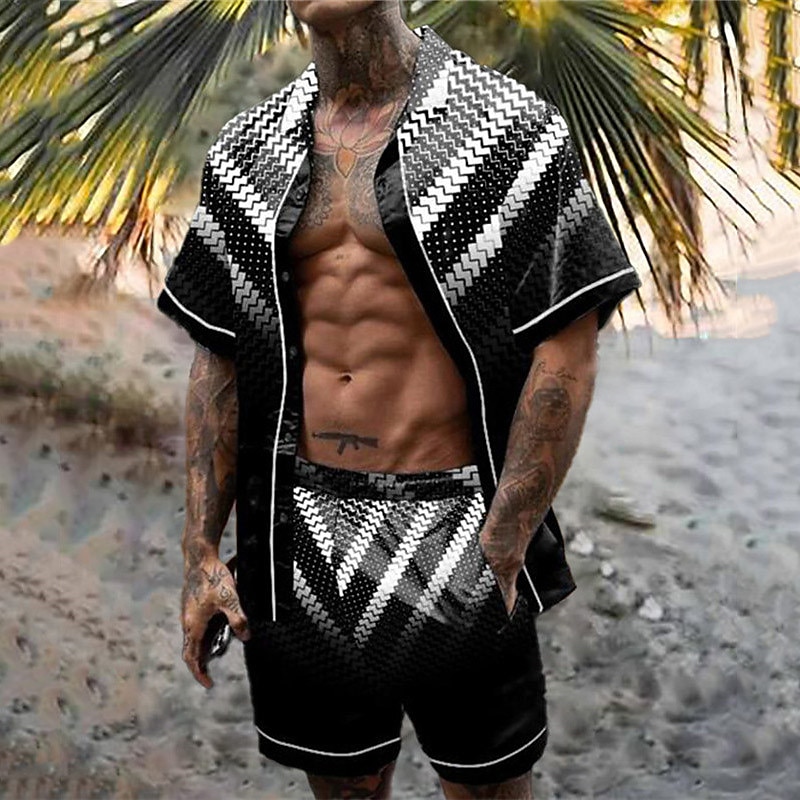 Men's Geometric Pattern Geometry 2pcs Shirts Sets Summer Hawaiian Shirt Short Sleeve Short Pants Turndown Tropical Fashion Hawaiian Casual Holiday Beach Print Summer Spring Black Yellow Red