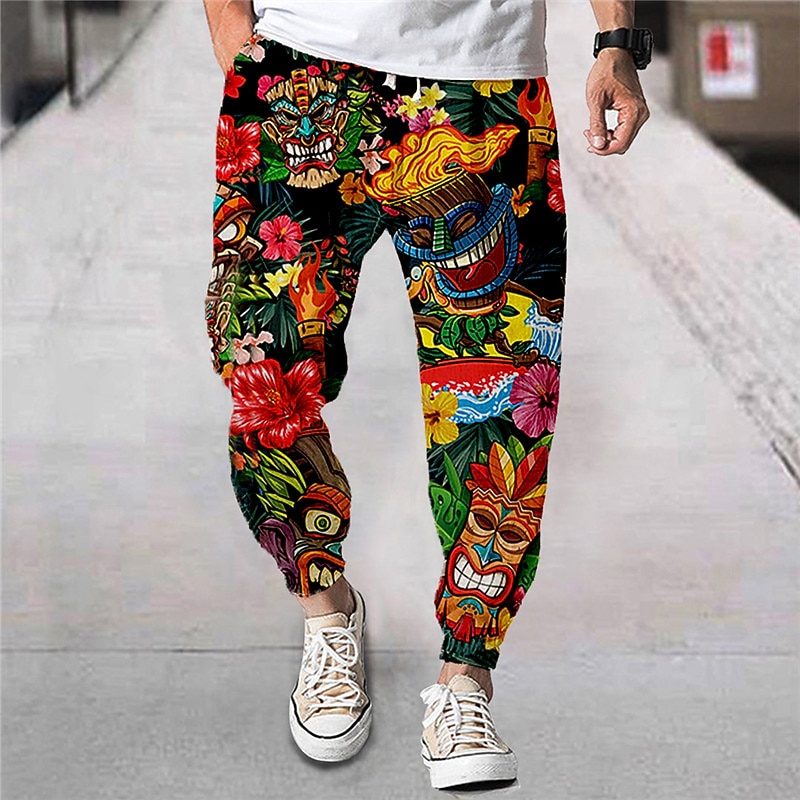 Men's Joggers Trousers Summer Pants Beach Pants Drawstring Elastic Waist Cartoon Graphic Prints Flower / Floral Comfort Breathable Sports Outdoor Casual Daily Streetwear Designer Red Orange2