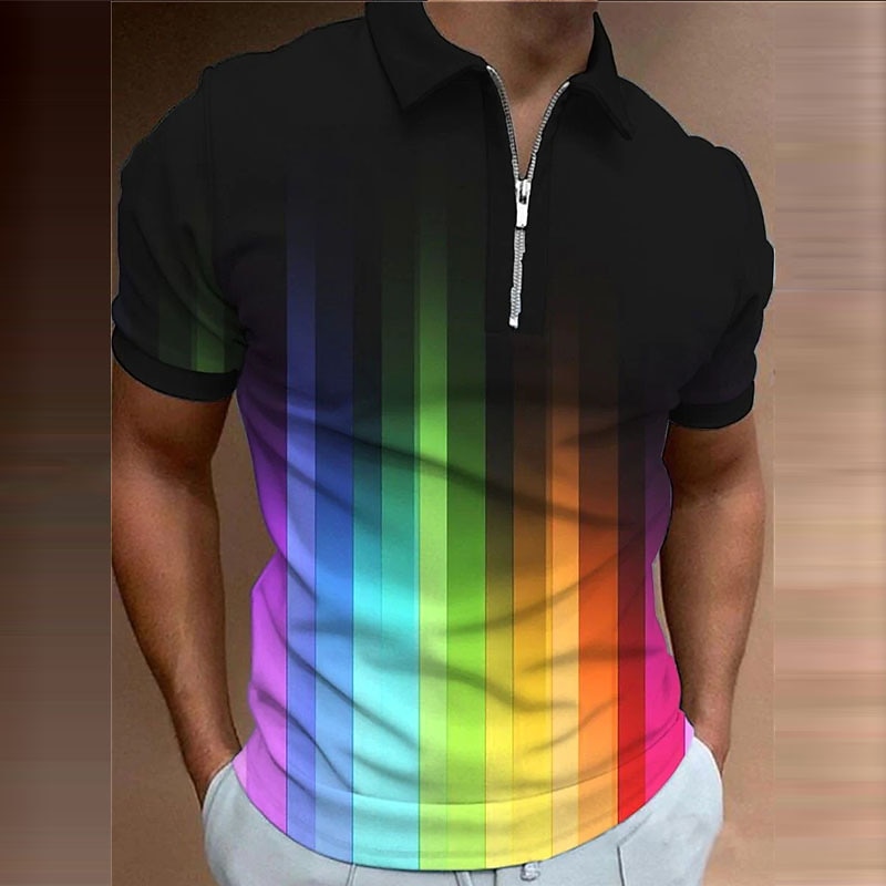 Men's Rainbow Zip Polo Shirts Golf Shirt Short Sleeve Polo Shirts Collared Shirts Casual Vacation Wear Rave Wear Party Outfits 3D Print Quarter Zip Polo A B C