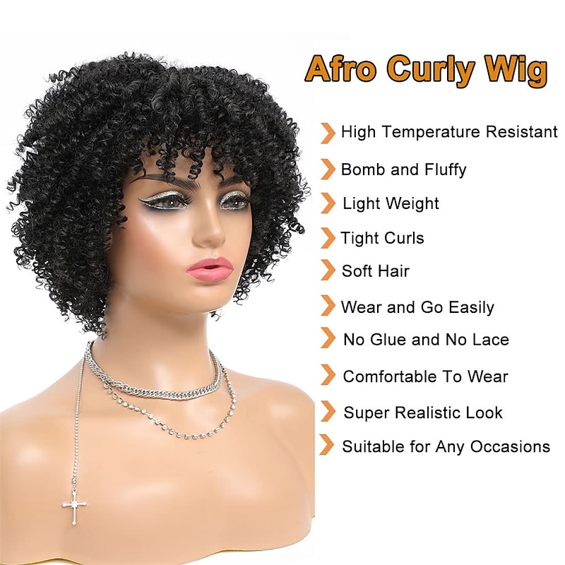 Short Curly Afro Wig with Bangs Afro Kinky Curly Wigs for Black Women No Glue Synthetic Full Wig Heat Resistant Soft Curly Replacement Wigs3