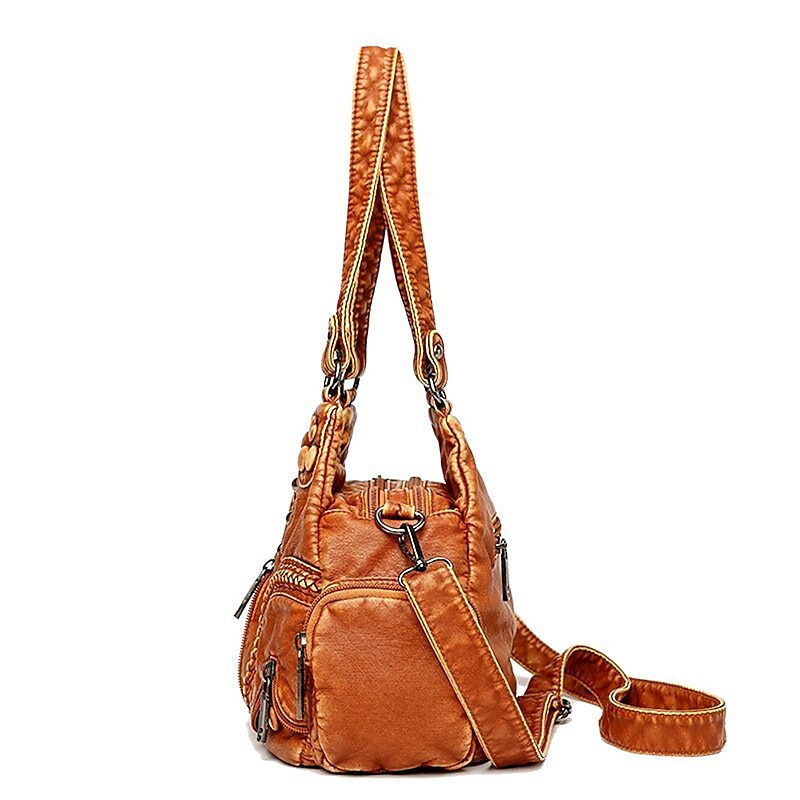 Women's Vintage Brown Leather Shoulder Bag - Stylish Multi-Pocket Handbag with Braided Detail and Zipper Accents for Everyday Use and Travel2
