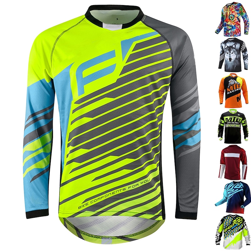 Men's Downhill Jersey Stripes Long Sleeve Bike Jersey Top with 3 Rear Pockets Mountain Bike MTB Road Bike Cycling Quick Dry Soft Comfortable Moisture Wicking Sports Black Yellow Army Green Clothing