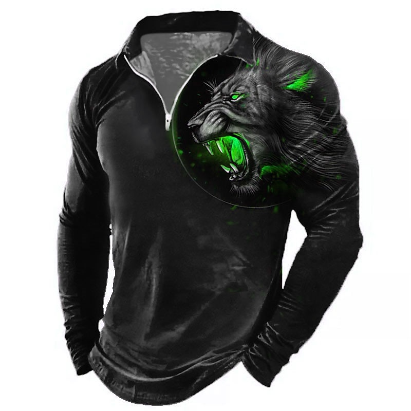 Men's Lion Zip Polo Shirts Golf Shirt Long Sleeve Polo Shirts Collared Shirts Casual Funny Streetwear Vacation Wear Party Outfits 3D Print Quarter Zip Polo Black Red Blue3