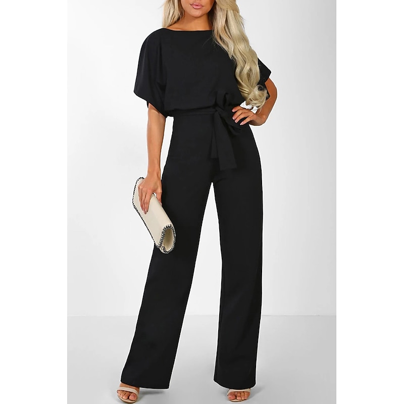 Jumpsuits for Women Summer Dressy Short Sleeve Belt Clean Fit Party Wide Leg Playsuit Long Pants Summer3