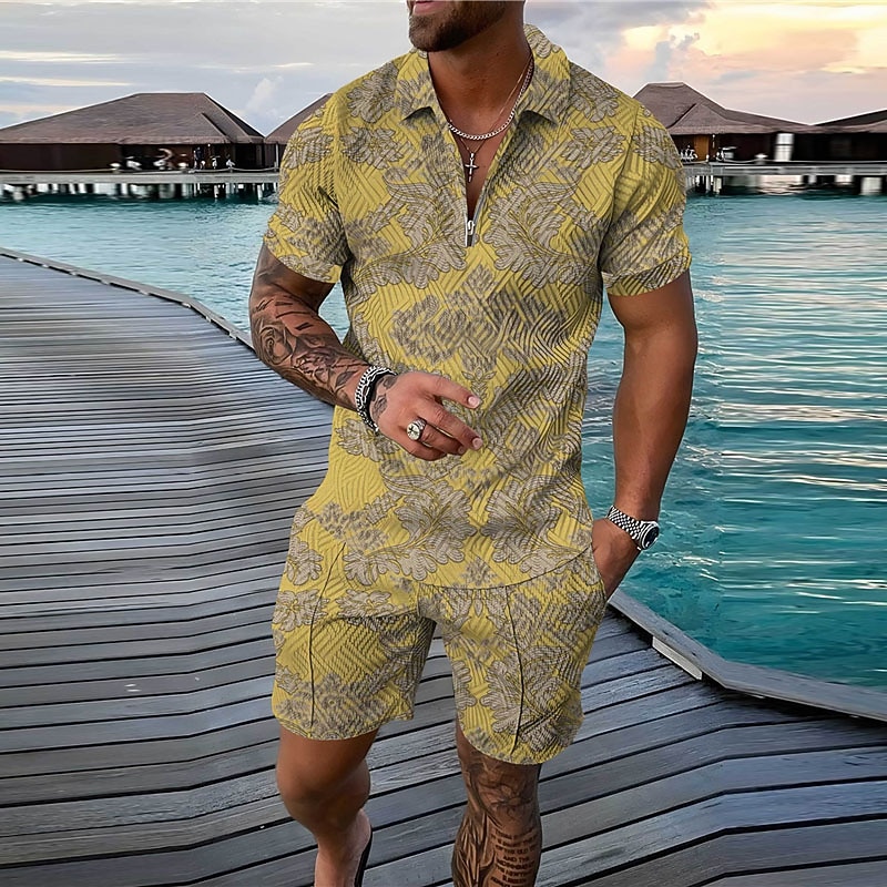 Men's Geometry Polo Shirts Golf Shirt Polo Set Short Sleeve Shirt Turndown Casual Daily Yellow Pink Light Grey Gray Zipper 2 Piece Clothing Apparel Fashion Designer Casual Breathable2