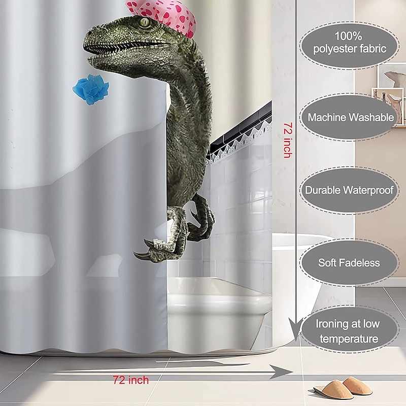 Dinosaur Shower Curtain Set 180cm*180cm(70"*70")with Hooks for Bathroom, White Fun Kids Fabric Shower Curtains , Cool Cute Unique Raptor Bathroom Accessories Decor4
