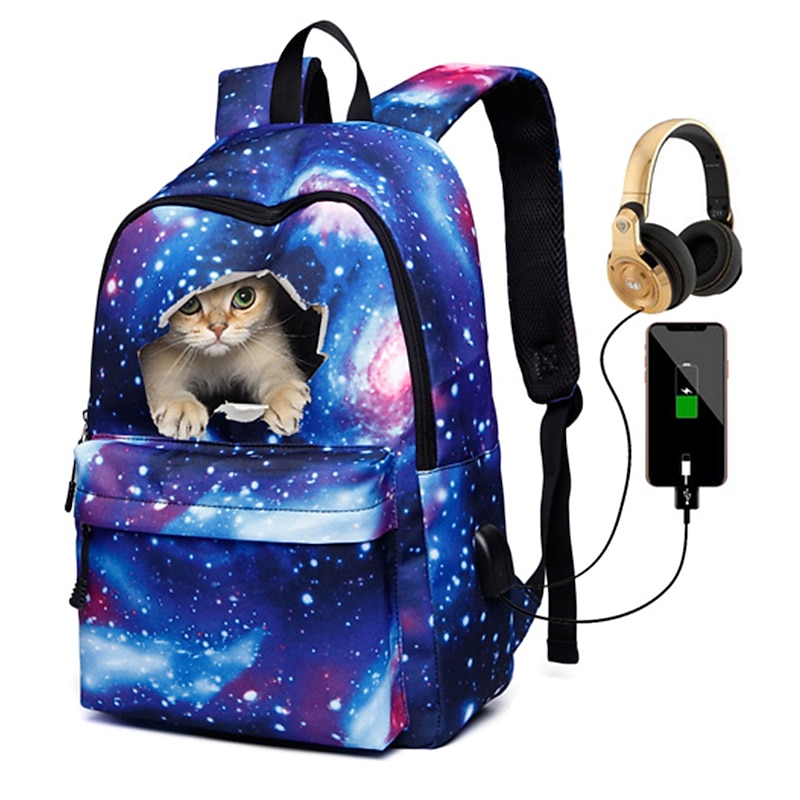 Men's Women's Backpack School Bag Bookbag 3D Print School Outdoor Daily Galaxy Cat Canvas Large Capacity Waterproof Durable Print Red Blue Purple - Main Image