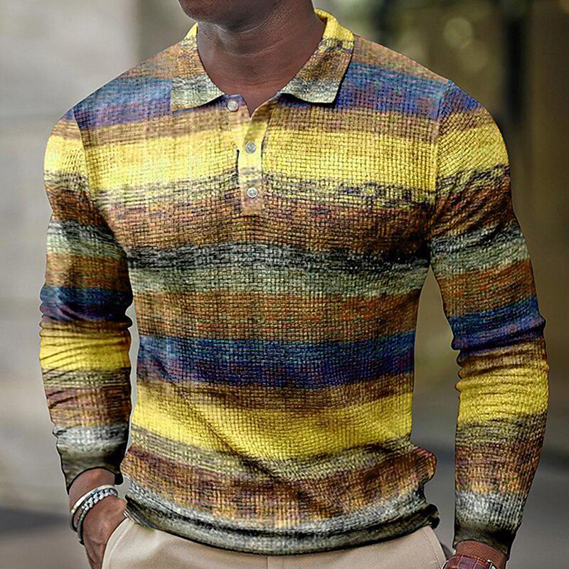 Men's Plaid Waffle Polo Shirts Golf Shirt Long Sleeve Polo Shirts Collared Shirts Vintage Casual Vacation Wear Formal Wear Festival Wear Buttons 3D Print Yellow Blue Purple2