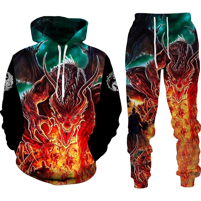 Men's Graphic Dragon 2pcs 3D Sweatshirt Sets Tracksuit Hoodies Long Sleeve Long pants Hooded Streetwear Designer Basic Sports & Outdoor Casual Sports Print Spring Fall Black Red Orange3