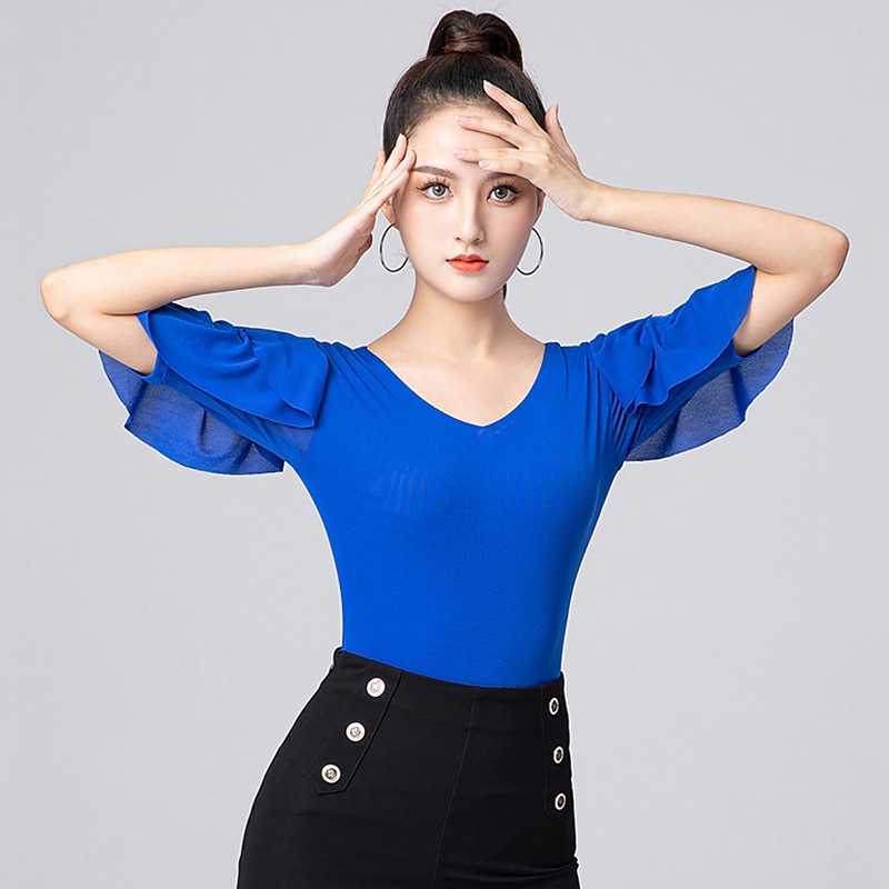 Latin Dance Activewear Leotard / Onesie Ruffles Ruching Pure Color Women's Performance Training Half Sleeve High Polyester2