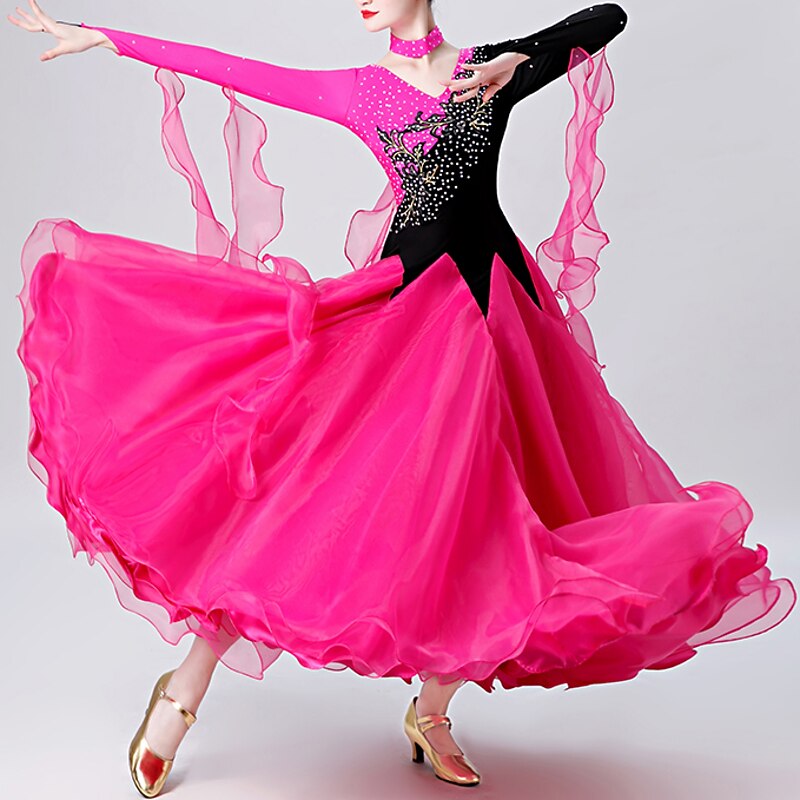 Ballroom Dance Dress Embroidery Splicing Crystals / Rhinestones Women's Performance Training Long Sleeve Spandex Organza