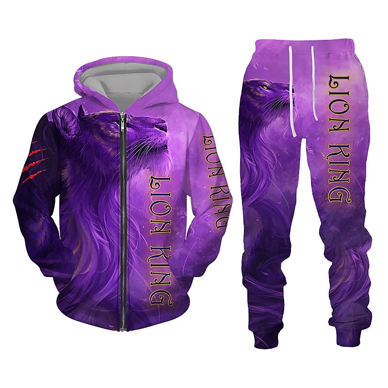 Men's Graphic Lion 2pcs 3D Sweatshirt Sets Hoodie Tracksuit Long Sleeve Long pants Hooded Streetwear Designer Basic Sports & Outdoor Casual Sports Zipper Spring Fall Black White Purple2