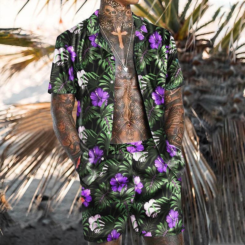 Men's Floral Tropical Flowers Tropical Plants 2pcs Shirts Sets Summer Hawaiian Shirt Short Sleeve Short Pants Turndown Fashion Hawaiian Designer Outdoor Vacation Casual 3D Print Button-Down Summer3