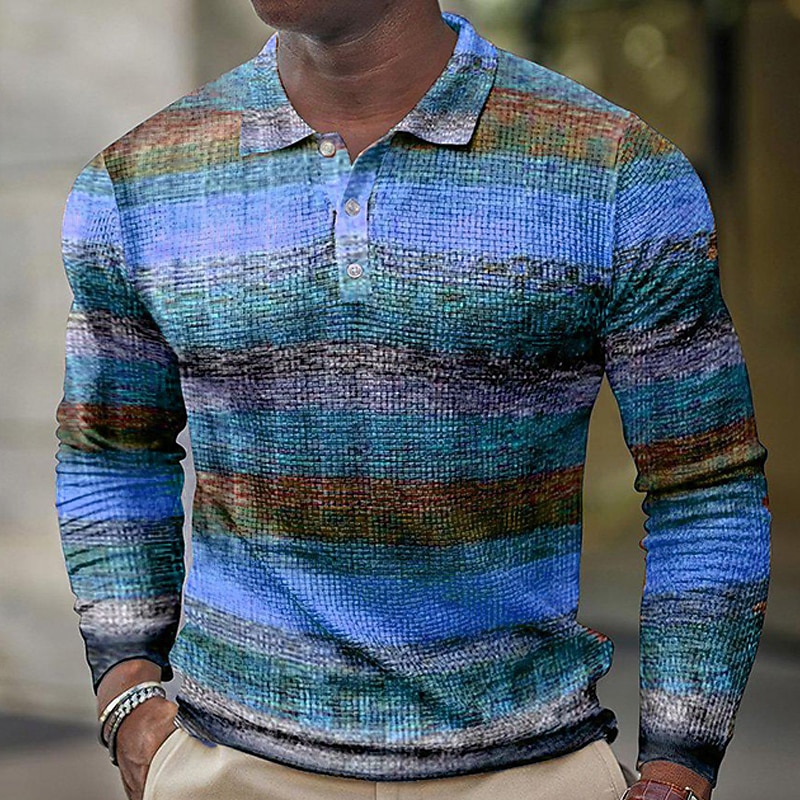 Men's Plaid Waffle Polo Shirts Golf Shirt Long Sleeve Polo Shirts Collared Shirts Vintage Casual Vacation Wear Formal Wear Festival Wear Buttons 3D Print Yellow Blue Purple4