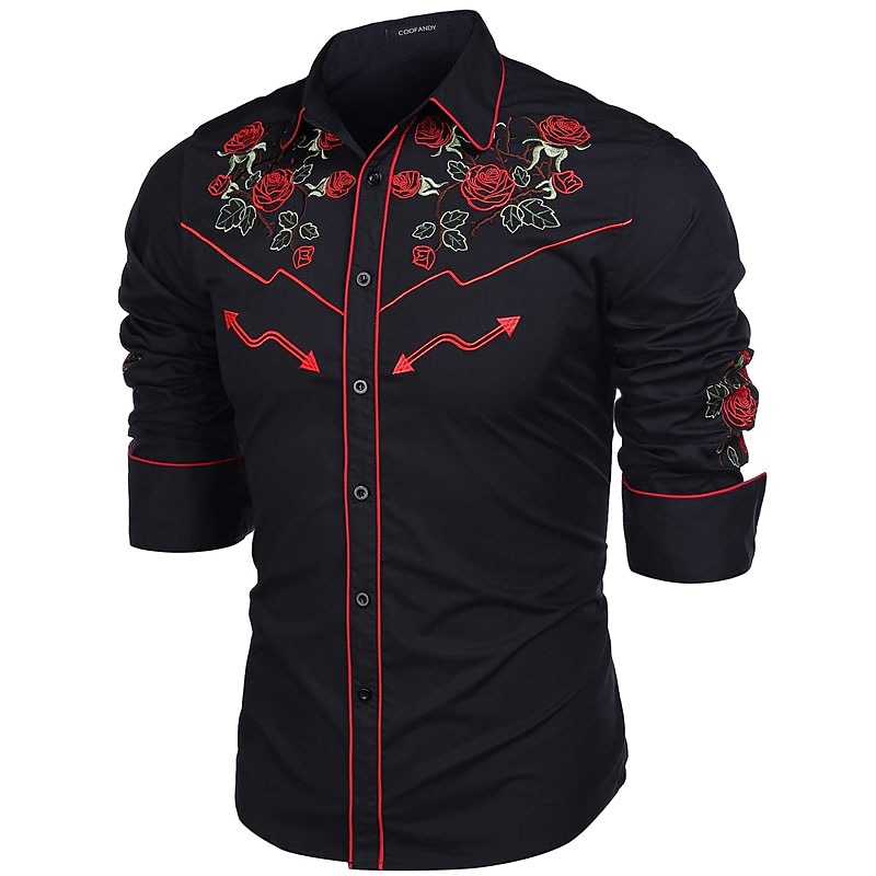 Men's Graphic Prints Rose Shirt Western Shirt Cowboy Shirt Long Sleeve Fashion Streetwear Designer Outdoor Daily Fall & Winter Turndown Print Button-Down Black White Khaki2