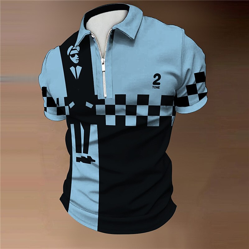 Music Festival Men's Plaid Music Zip Polo Shirts Golf Shirt Short Sleeve Polo Shirts Collared Shirts Casual Vacation Wear Festival Wear Party Outfits 3D Print Quarter Zip Polo White Yellow Blue4