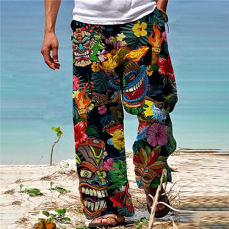 Men's Trousers Summer Pants Beach Pants Drawstring Elastic Waist Straight Leg Animal Plants Graphic Prints Comfort Casual Daily Holiday Hawaiian Designer Black Yellow