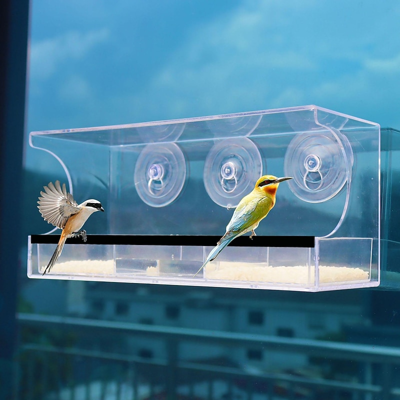 Window Bird Feeder with Strong Suction Cups - Transparent Acrylic Bird Feeder with Roof and Drain Holes for Window Outside 30x10x13 cm2
