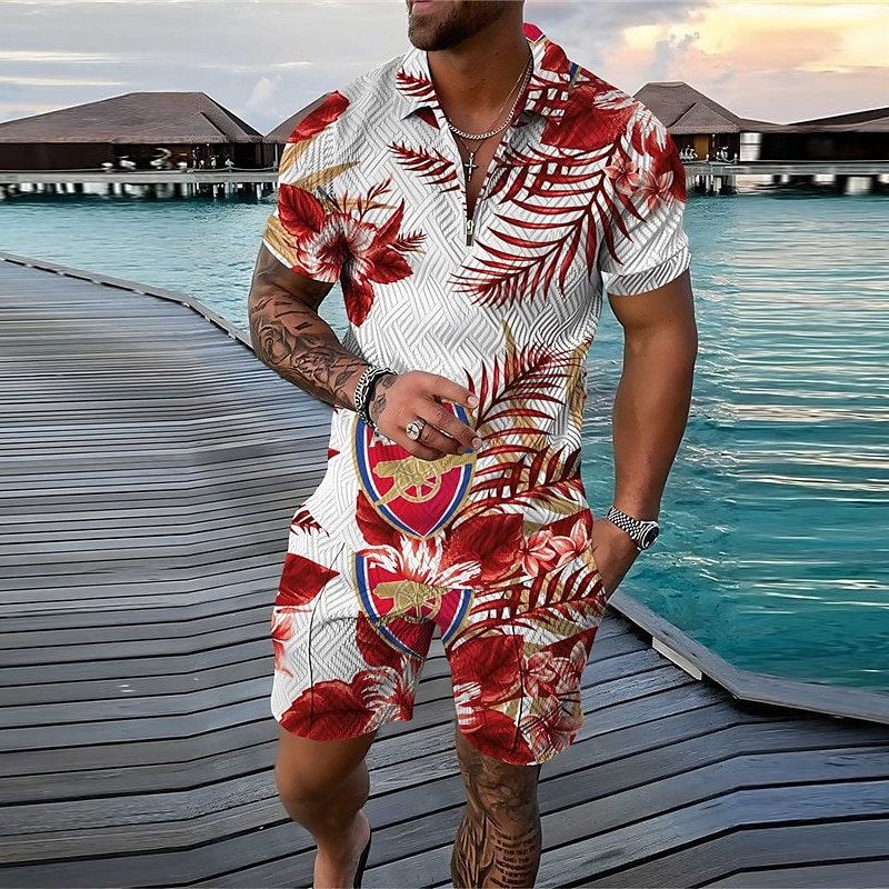 Men's Floral Graphic Skull Leaves Polo Shirts Hawaiian Polo Shirts Golf Shirt Polo Set Short Sleeve Shirt Turndown Street Casual Black White Wine Red Zipper Print Clothing Apparel Fashion Designer