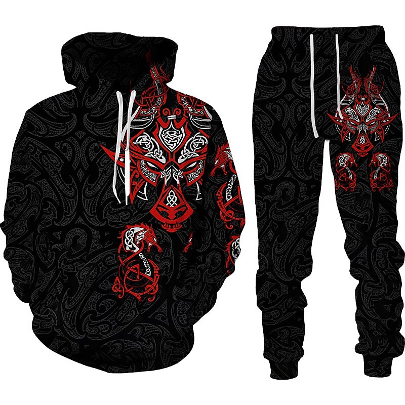 Men's Graphic Dragon 2pcs 3D Sweatshirt Sets Tracksuit Hoodies Long Sleeve Long pants Hooded Streetwear Designer Basic Sports & Outdoor Casual Sports Print Spring Fall Black Red Orange2