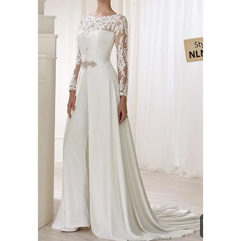 Hall Simple Wedding Dresses Casual Jumpsuits With Overskirts Illusion Neck Long Sleeve Floor Length Lace Bridal Gowns With Sashes / Ribbons Crystals dress to impress stretch dress2