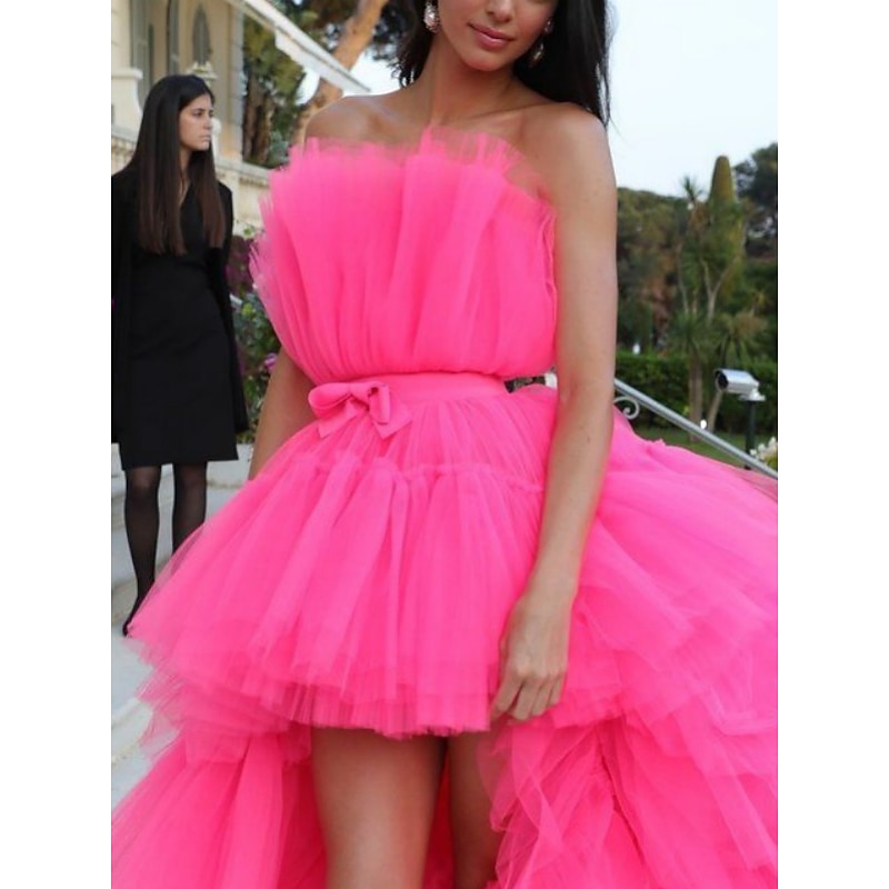 Ball Gown Prom Dresses Tiered Plisse Dress Wedding Party Birthday Asymmetrical Sleeveless Strapless Tulle with Bow(s) Masquerade Dress2