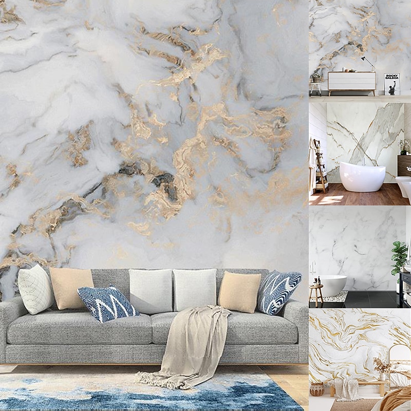 Abstract Marble Wallpaper Mural White Marble Wall Covering Sticker Peel and Stick Removable PVC/Vinyl Material Self Adhesive/Adhesive Required Wall Decor for Living Room, Kitchen, Bathroom