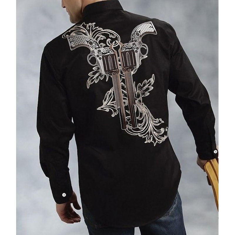 Men's Graphic Prints Pistol Shirt Western Shirt Cowboy Shirt Long Sleeve Fashion Designer Casual Outdoor Daily Fall & Winter Turndown Print Button-Down Black Black / Brown Brown Gray+Blue Blue+Blue