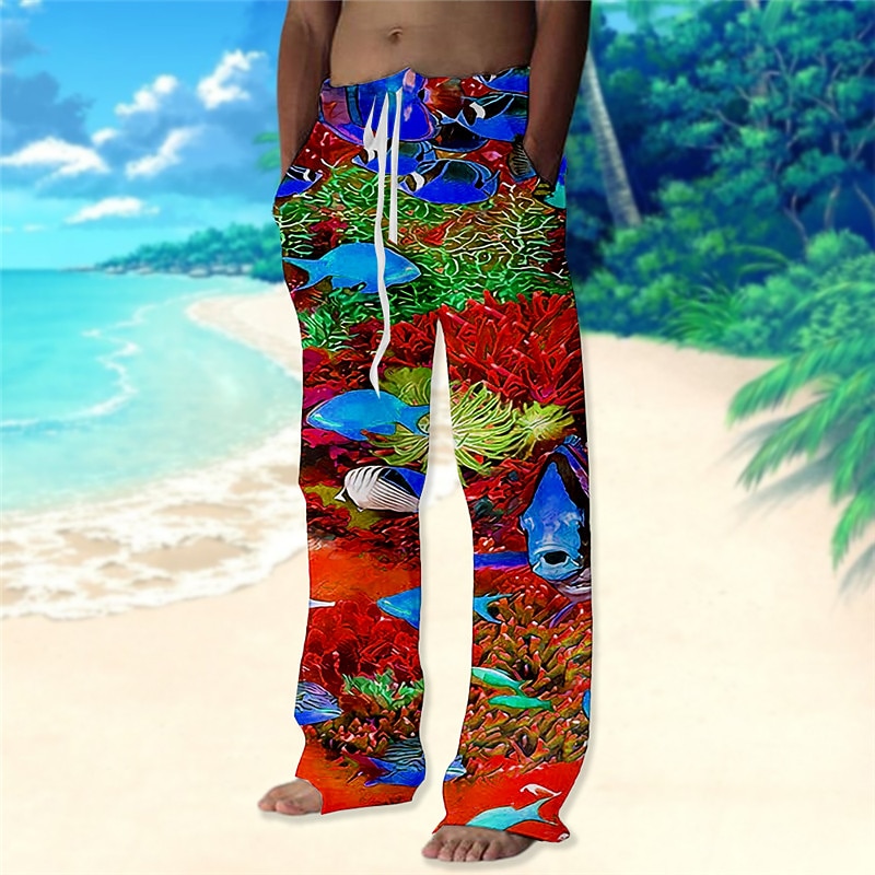 Men's Trousers Summer Pants Beach Pants Drawstring Elastic Waist Straight Leg Graphic Prints Fish Comfort Casual Daily Holiday Hawaiian Designer Red Blue3