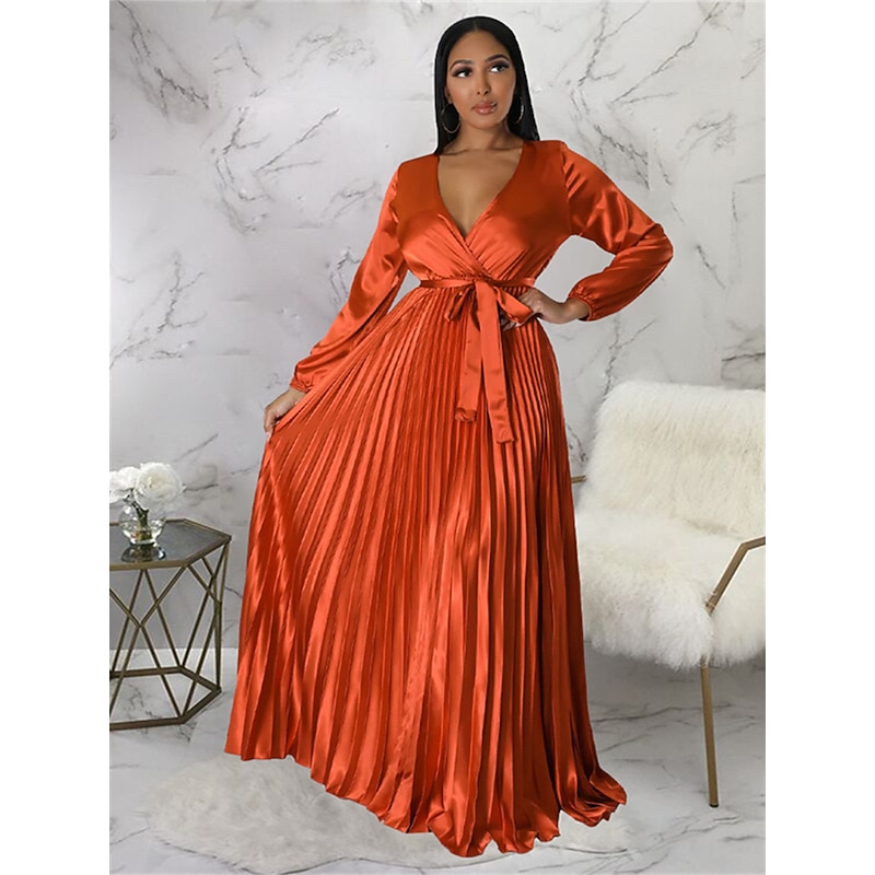 Women's Long Dress Maxi Dress Party Dress Sheath Dress Swing Dress Pure Color Fashion Romantic Party Wedding Guest Cocktail Party Pleated With Belt Long Sleeve V Neck Dress Regular Fit Black White3