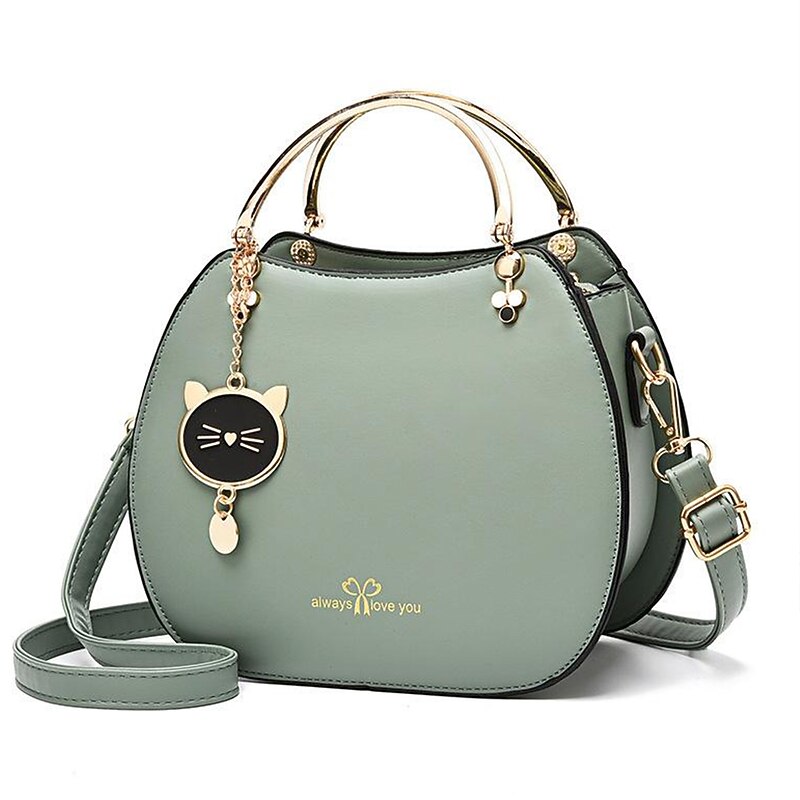 Women's Black Faux Leather Handbag with Gold Cat Charm and Metal Handle - Stylish Crossbody for Casual or Formal Use2