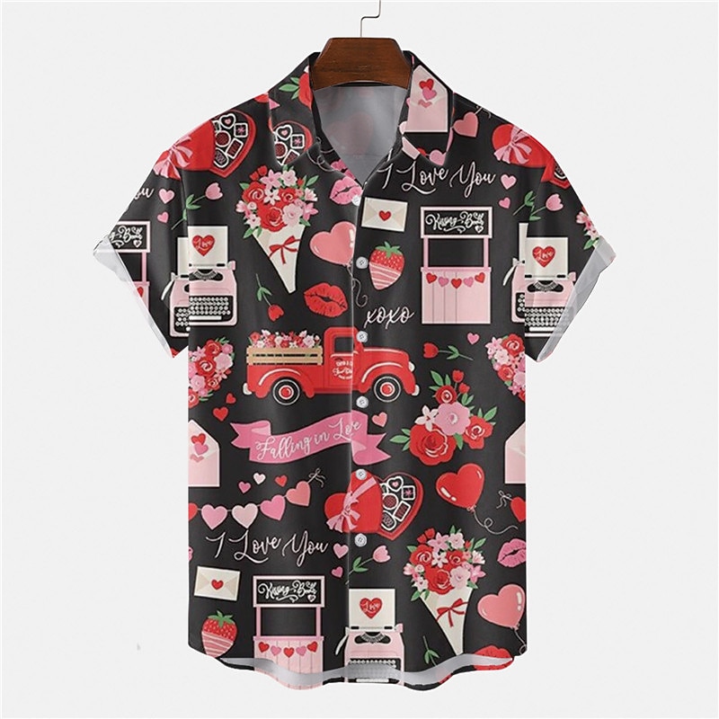 Men's Heart Shirt Button Up Shirt Short Sleeve Tropical Fashion Hawaiian Casual Holiday Beach Summer Spring Turndown Print Button-Down Black White Wine Red Rainbow4