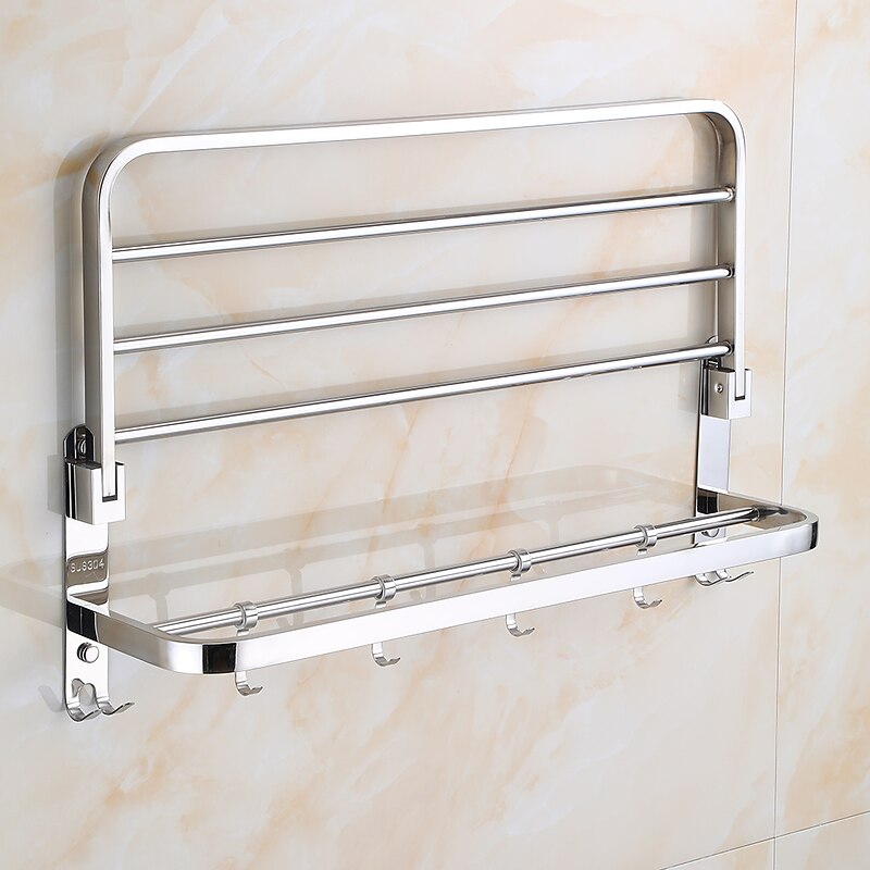 Multifunction Towel Rail Rack Holder Foldable Modern Stainless Steel Bathroom Shelf with Hooks Wall Mounted Silvery 1pc3
