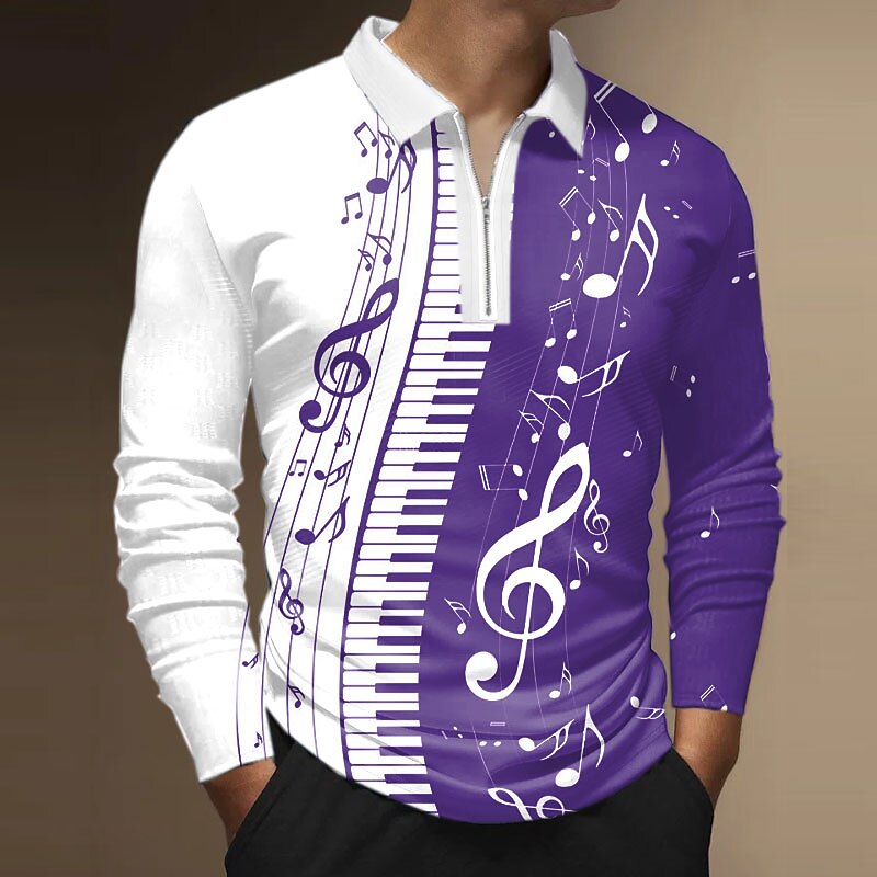 Music Festival Men's Music Zip Polo Shirts Golf Shirt Long Sleeve Polo Shirts Collared Shirts Casual Vacation Wear Festival Wear Party Outfits 3D Print Quarter Zip Polo Black Red Blue4