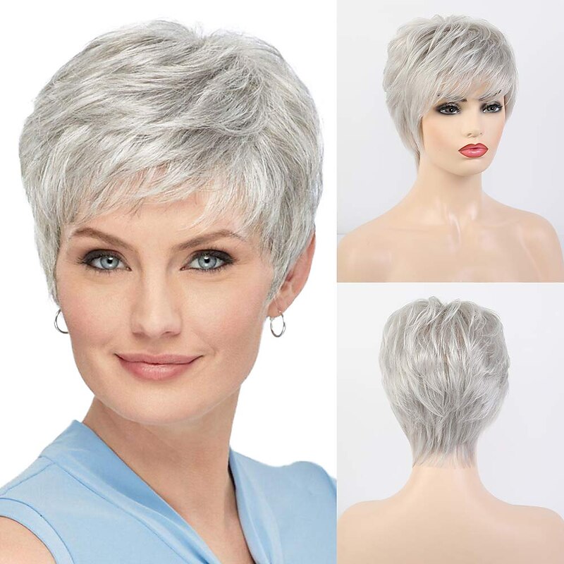 Short Grey Wigs for White Women Mixed Gray Silver Curly Wavy Wigs with White Bangs Grandma Synthetic Short Hair Wigs3