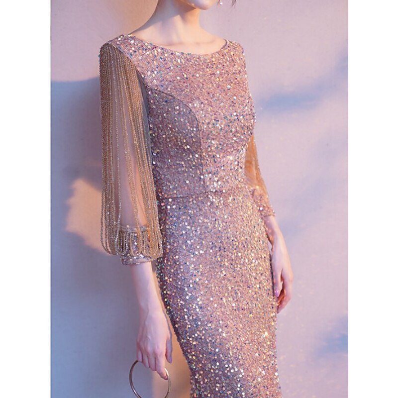 Sheath Evening Gown Elegant Sparkle & Shine Petite Jewel Neck Floor Length Sequined 3/4 Length Sleeve with Solid Color dress to impress3