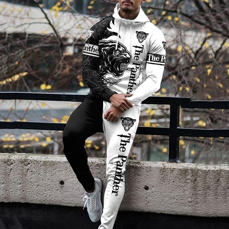 Men's Graphic Animal 2pcs 3D Sweatshirt Sets Tracksuit Hoodies Long Sleeve Long pants Hooded Streetwear Designer Basic Sports & Outdoor Casual Sports Zipper Spring Fall White Yellow Blue2